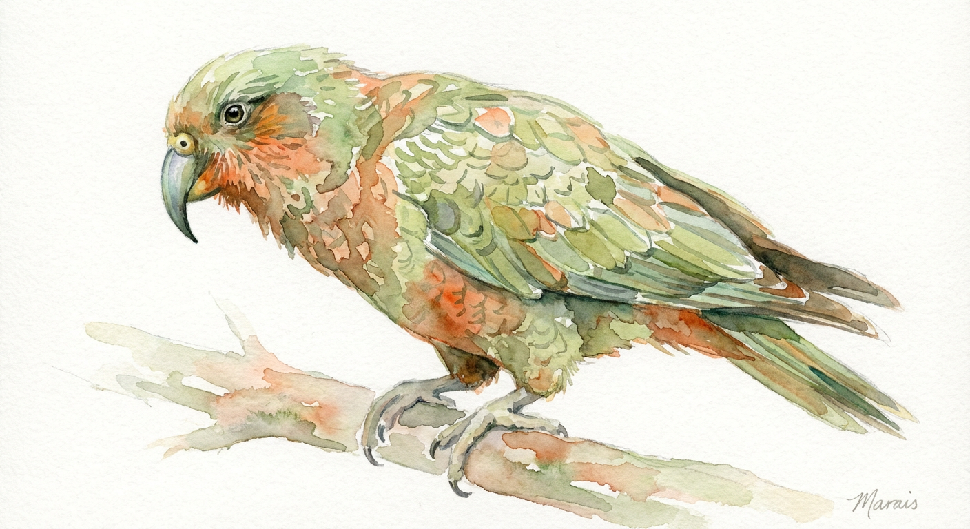 Papoušek kea – watercolor ilustrace