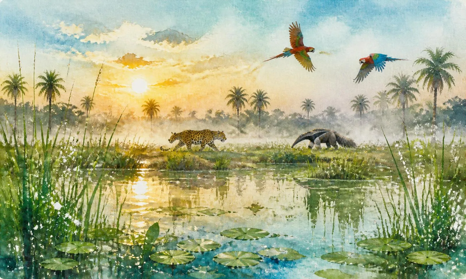 Akvarelová ilustrace mokřadů Iberá za úsvitu s jaguárem, mravenečníkem a arami