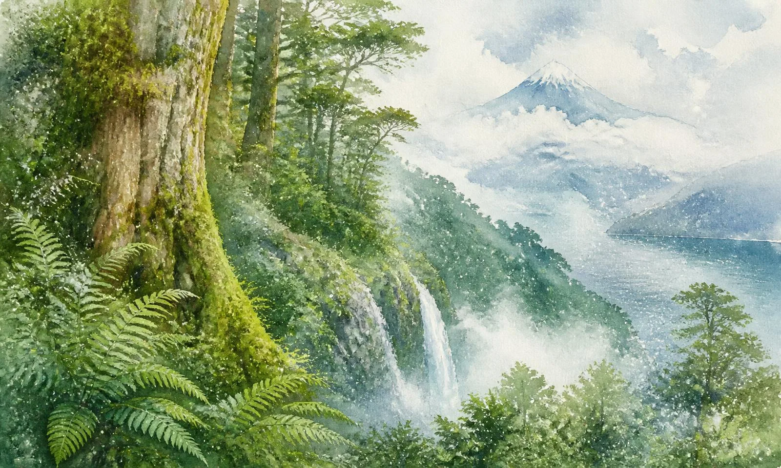 Akvarelová ilustrace valdivského deštného pralesa v Pumalínu s mechem porostlými kmeny, vodopádem a sopkou v pozadí