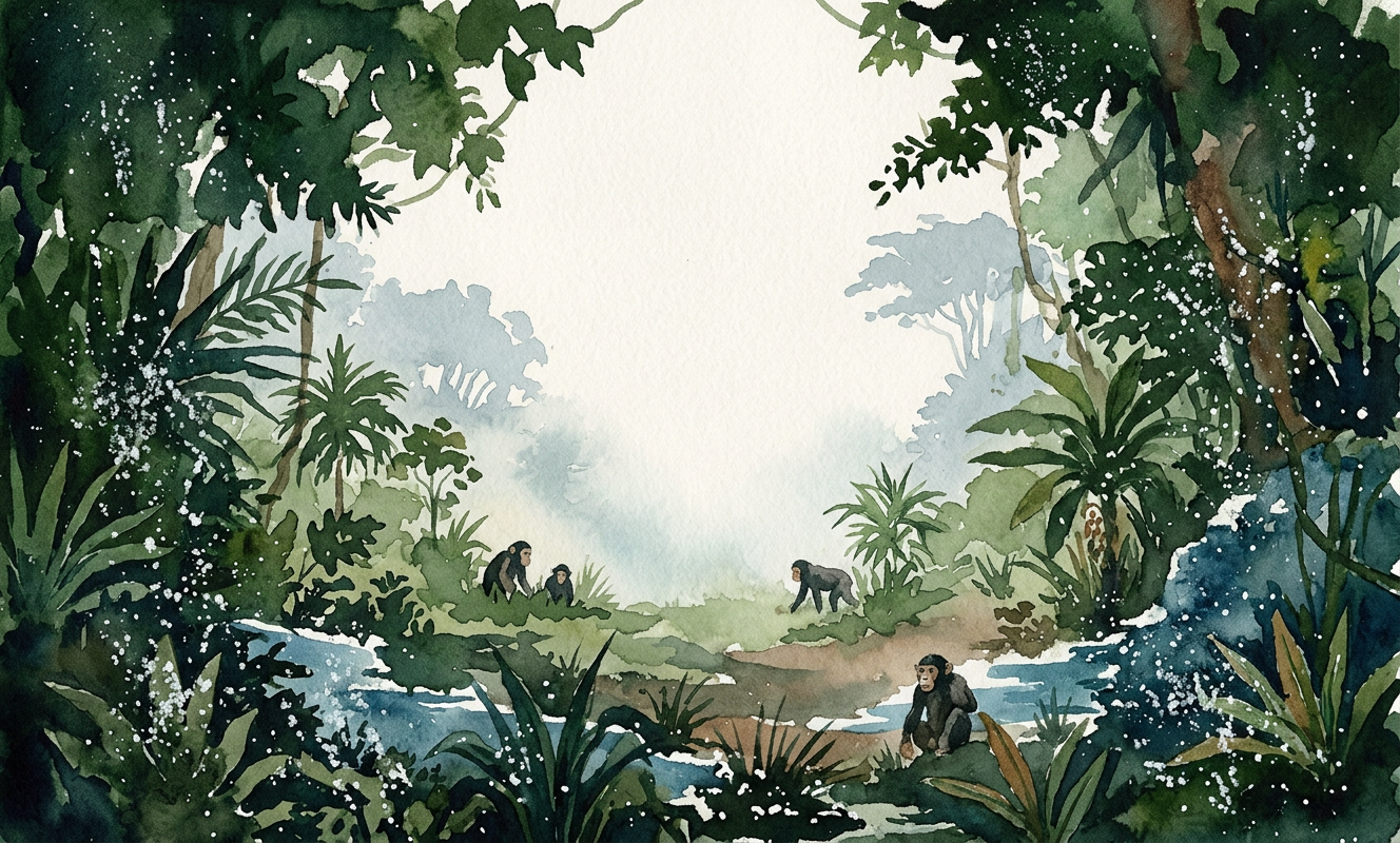 Akvarelová ilustrace obnovy lesů v Tanzanii v okolí Gombe se šimpanzi