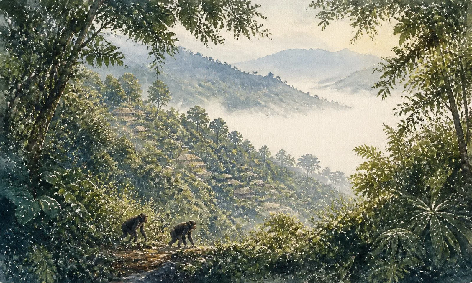 Akvarelová ilustrace obnovy lesů v Tanzanii v okolí Gombe se šimpanzi