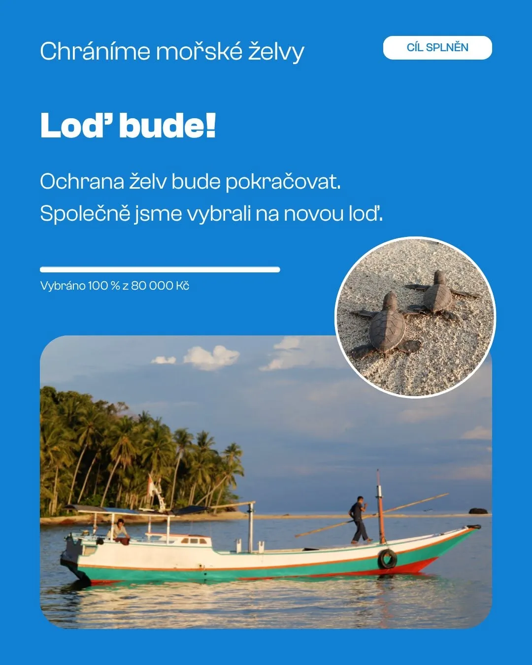 Fundraising announcement about the new boat with a traditional Indonesian vessel off the Borneo coast
